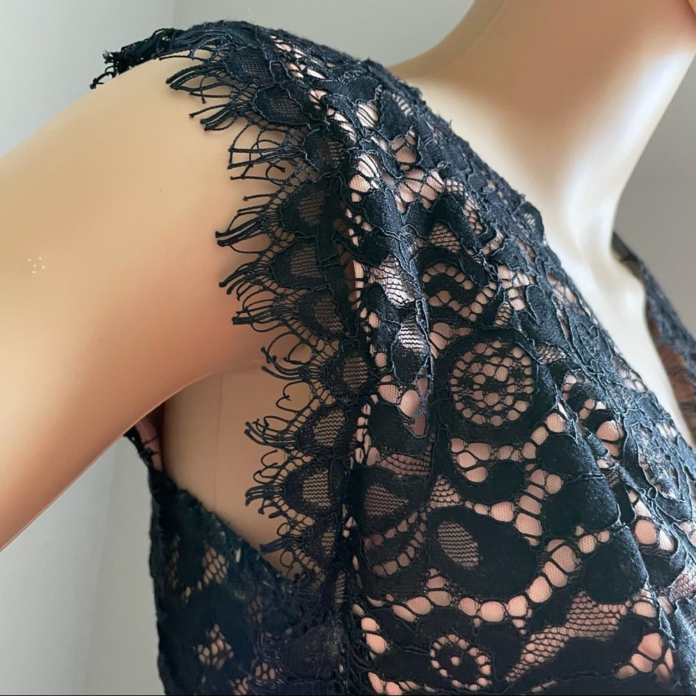 Just Me Sleeveless Plunging Neckline Mini Dress Black Lace Over Nude Size Small - Picture 5 of 14